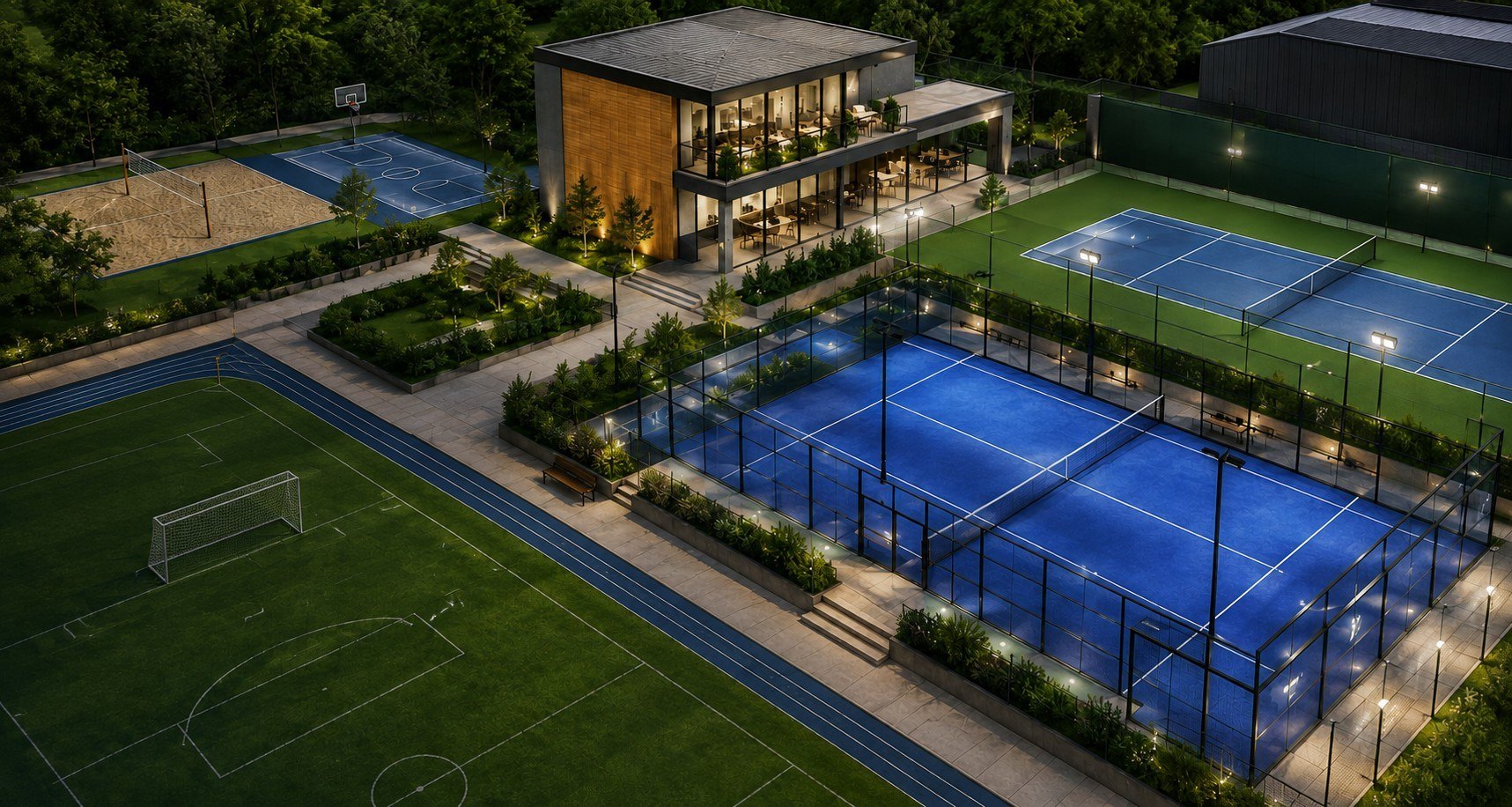 Complejo deportivo con canchas de tenis, pádel, fútbol, atletismo, básquetbol y voleibol